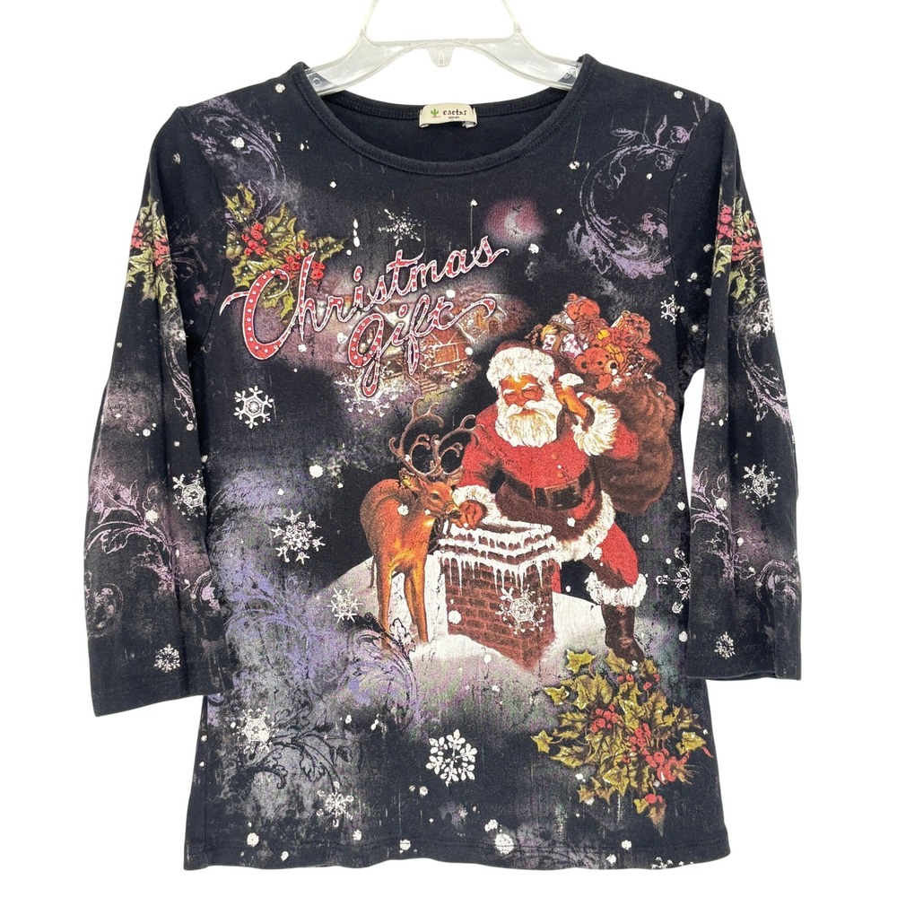 Cactus Y2K Christmas Shirt Womens S Santa Reindeer Whimsical Holiday Bling